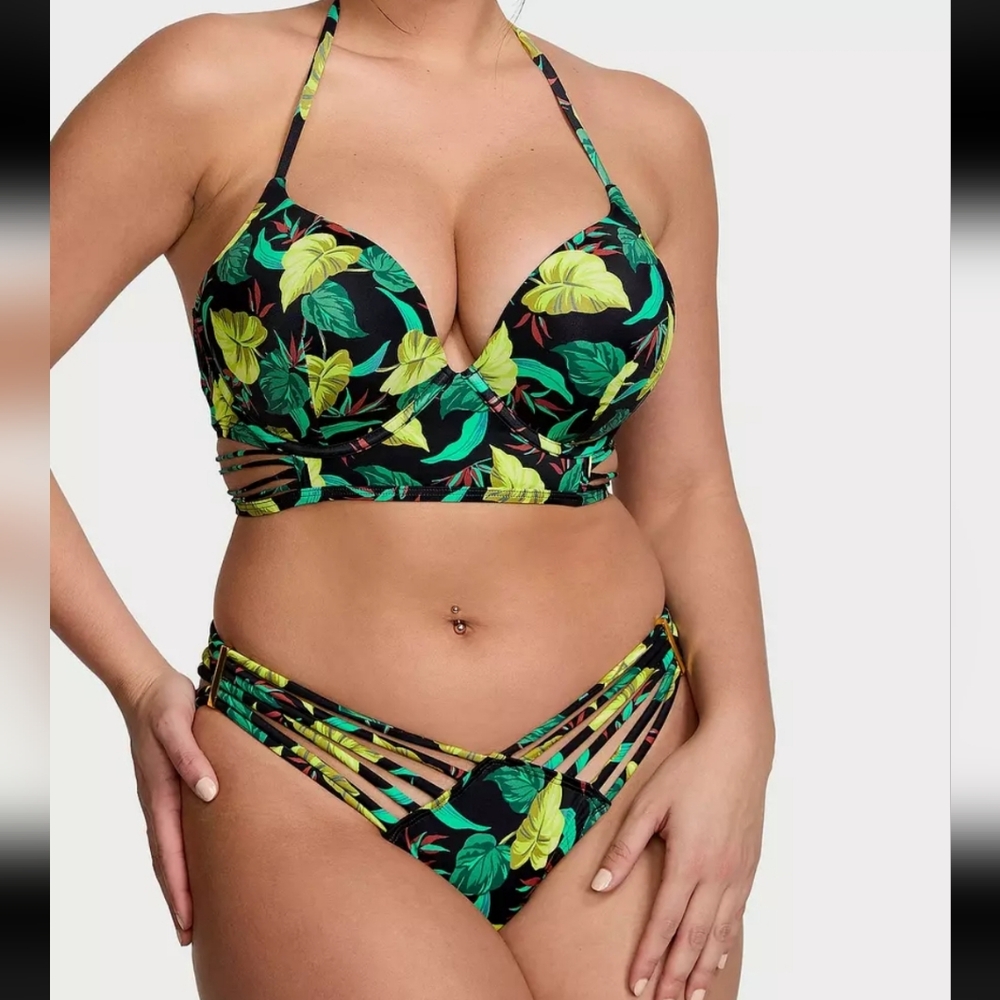 Victoria's Secret Swim Bombshell Push-Up Longline Bikini Strappy bottom Tropical